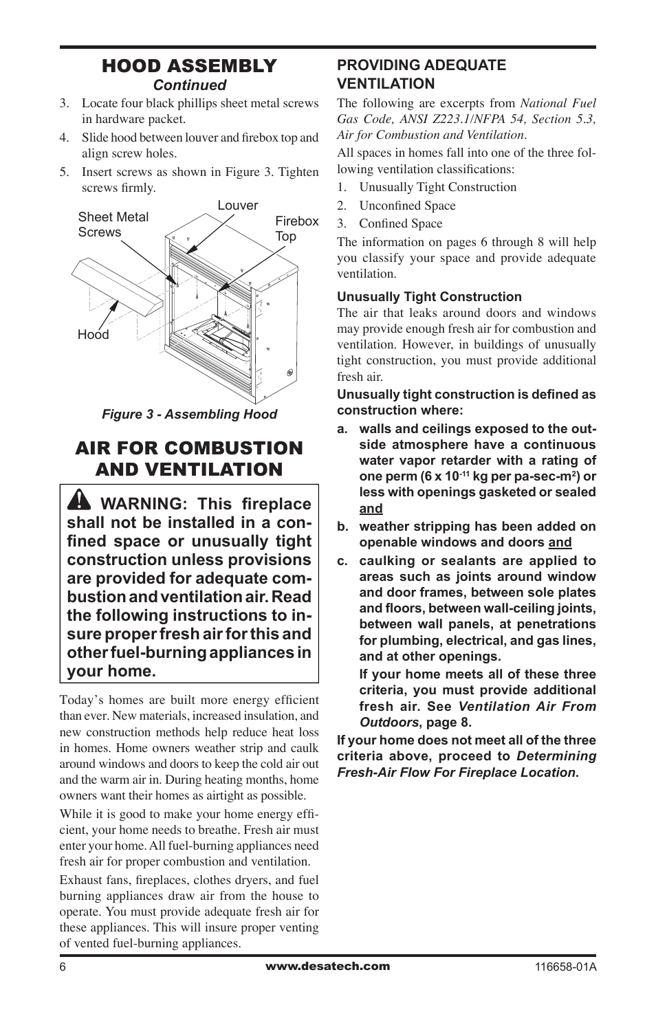 Air for combustion and ventilation, Hood assembly | Desa CDCFNRA User Manual | Page 6 / 40