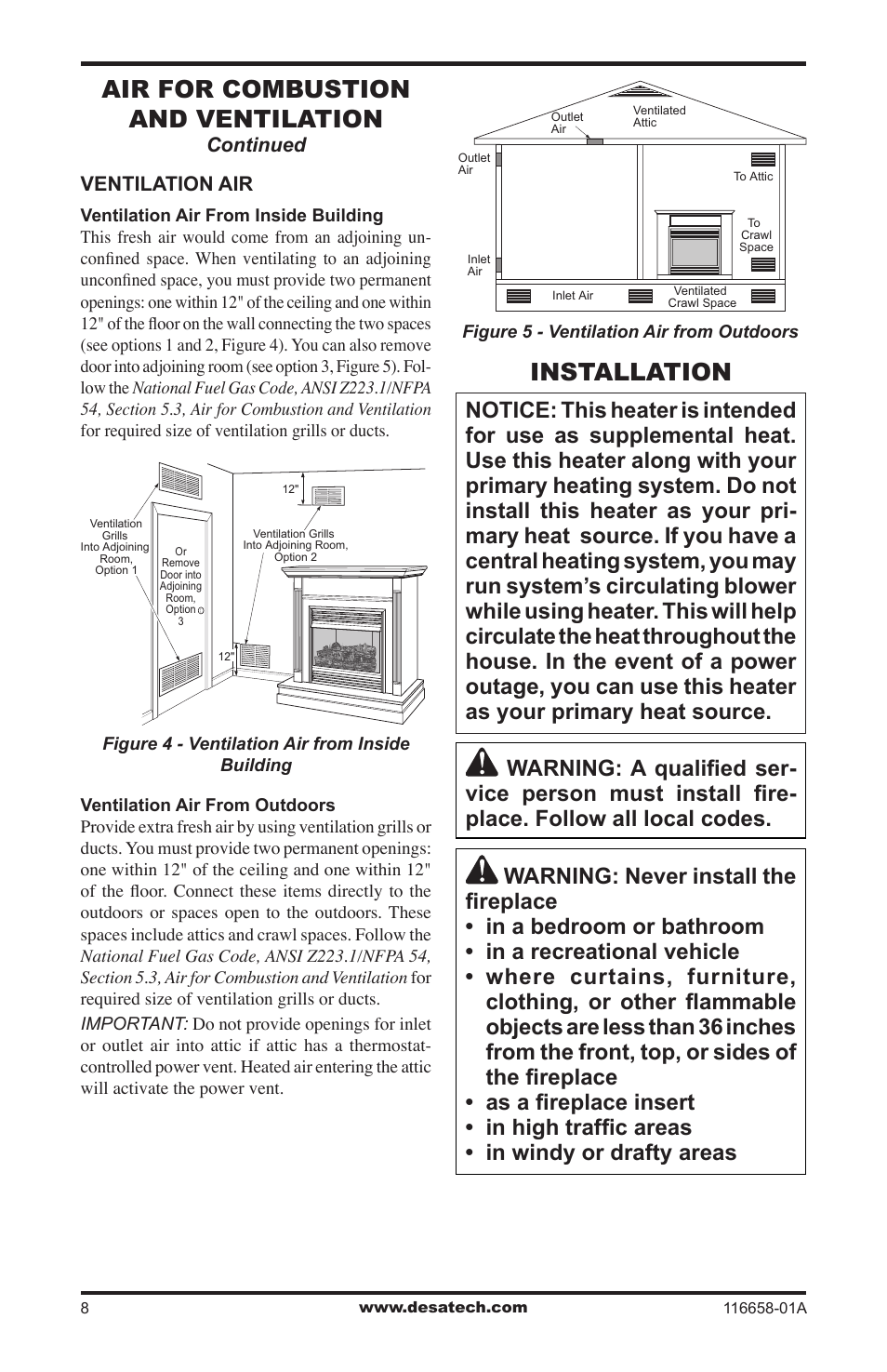 Installation, Air for combustion and ventilation | Desa CDCFNRA User Manual | Page 8 / 40