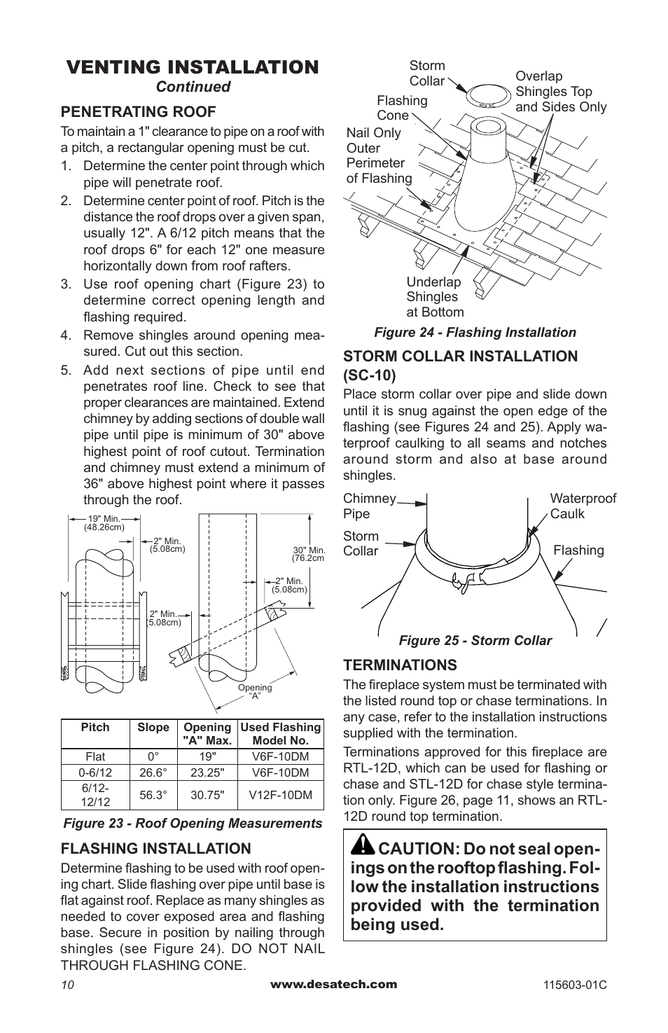 Venting installation, Continued, Penetrating roof | Flashing installation, Storm collar installation (sc-10), Terminations | Desa (V)3612ST User Manual | Page 10 / 16