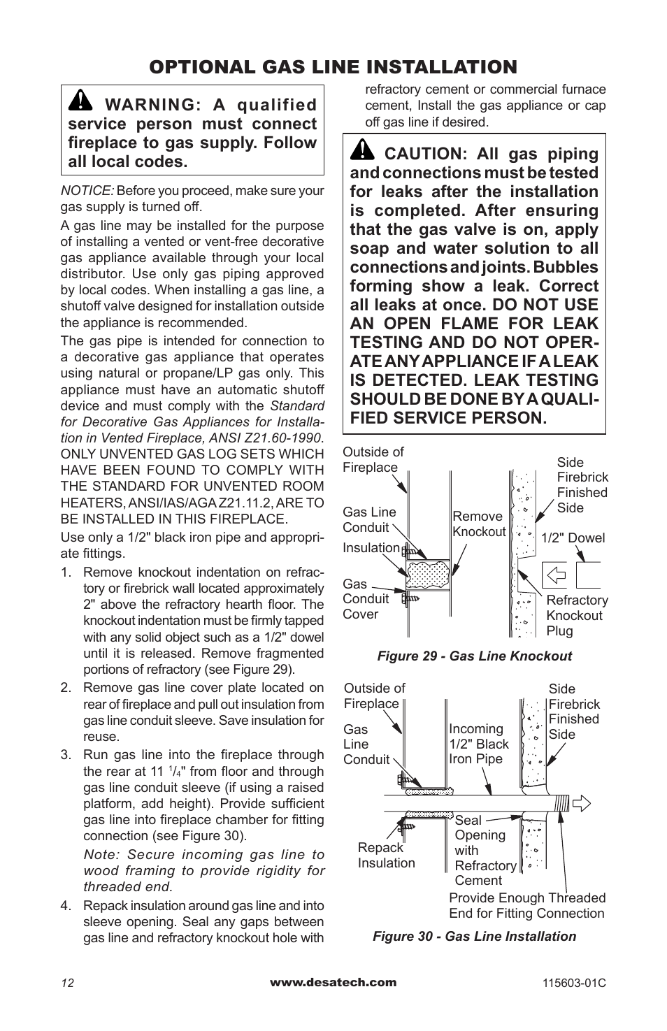 Optional gas line installation | Desa (V)3612ST User Manual | Page 12 / 16