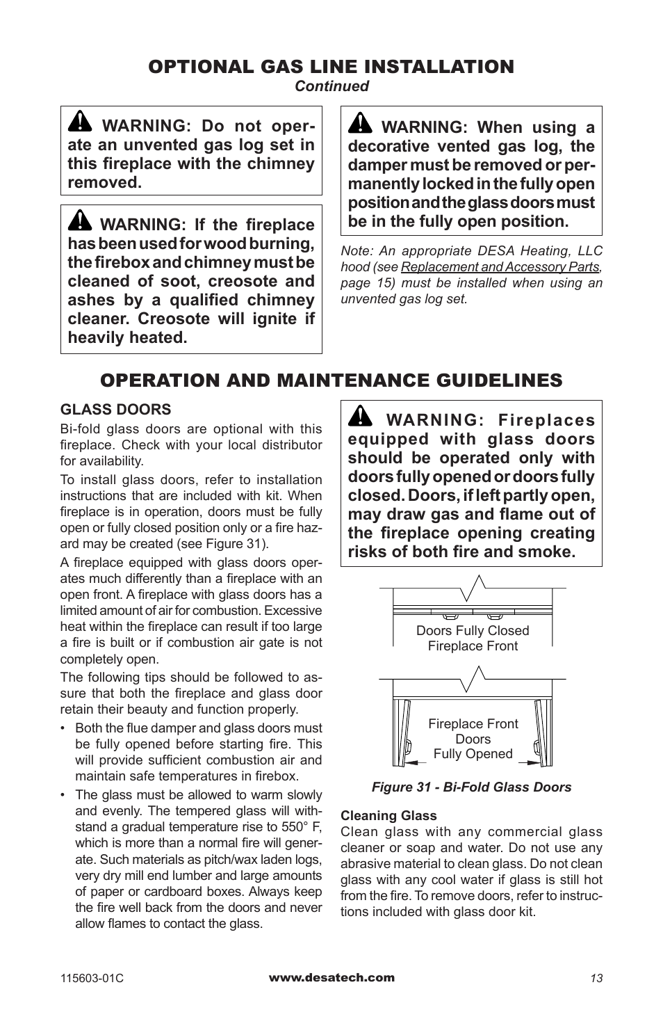 Operation and maintenance guidelines, Optional gas line installation | Desa (V)3612ST User Manual | Page 13 / 16