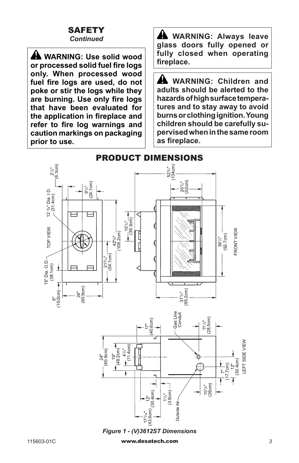 Product dimensions, Safety, Continued | Desa (V)3612ST User Manual | Page 3 / 16