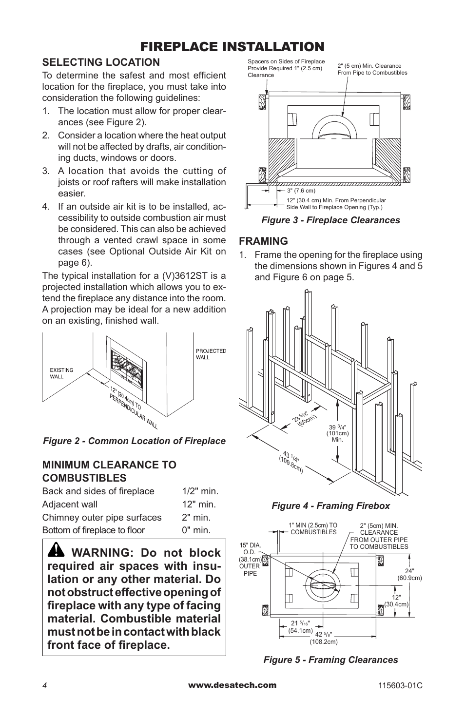 Fireplace installation, Minimum clearance to combustibles, Framing | Selecting location | Desa (V)3612ST User Manual | Page 4 / 16