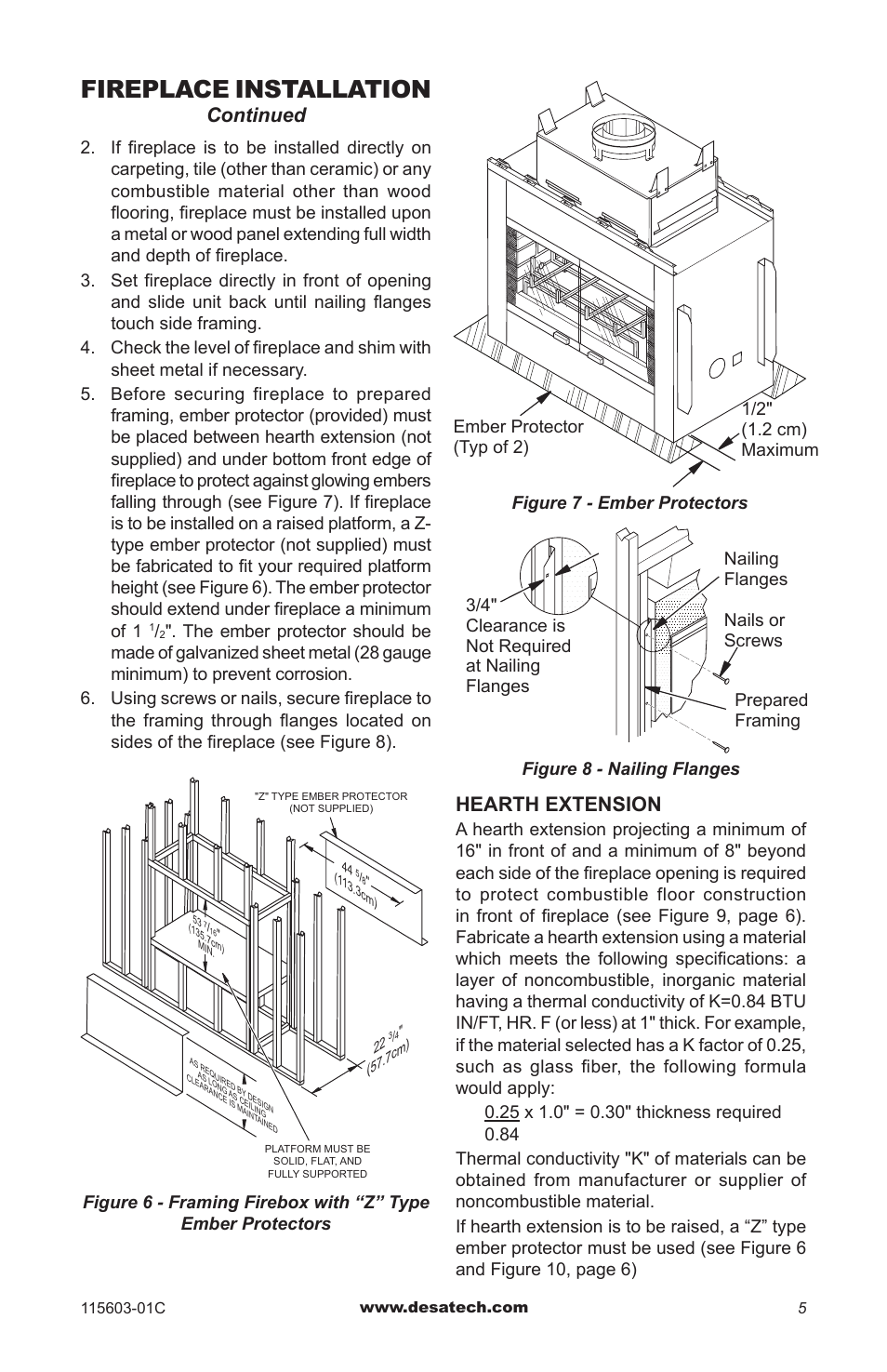 Fireplace installation, Continued, Hearth extension | Desa (V)3612ST User Manual | Page 5 / 16