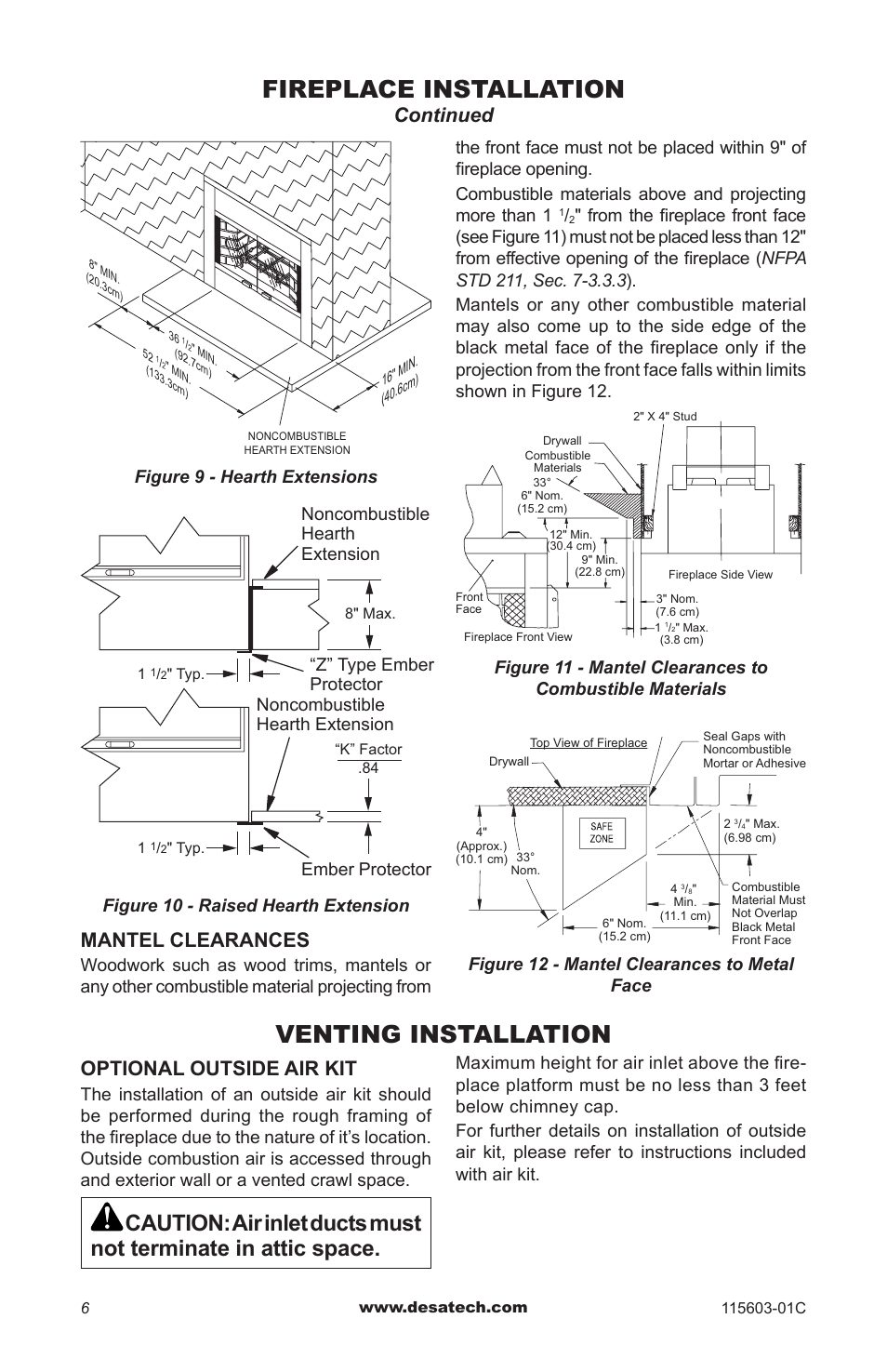 Venting installation, Fireplace installation, Continued mantel clearances | Optional outside air kit | Desa (V)3612ST User Manual | Page 6 / 16