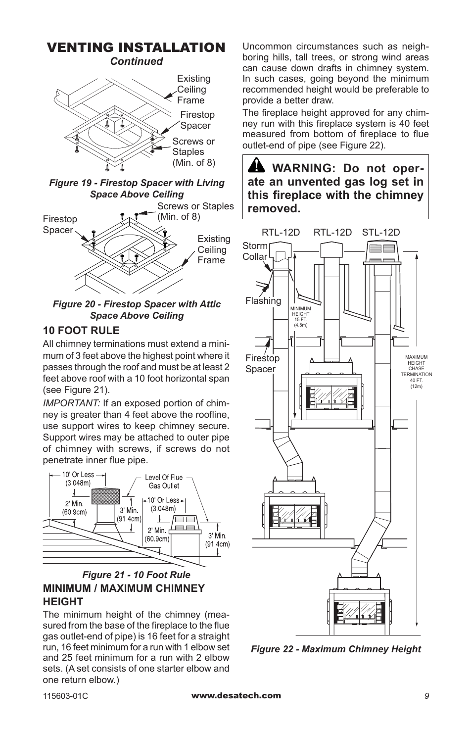 Venting installation, Continued, 10 foot rule | Minimum / maximum chimney height | Desa (V)3612ST User Manual | Page 9 / 16