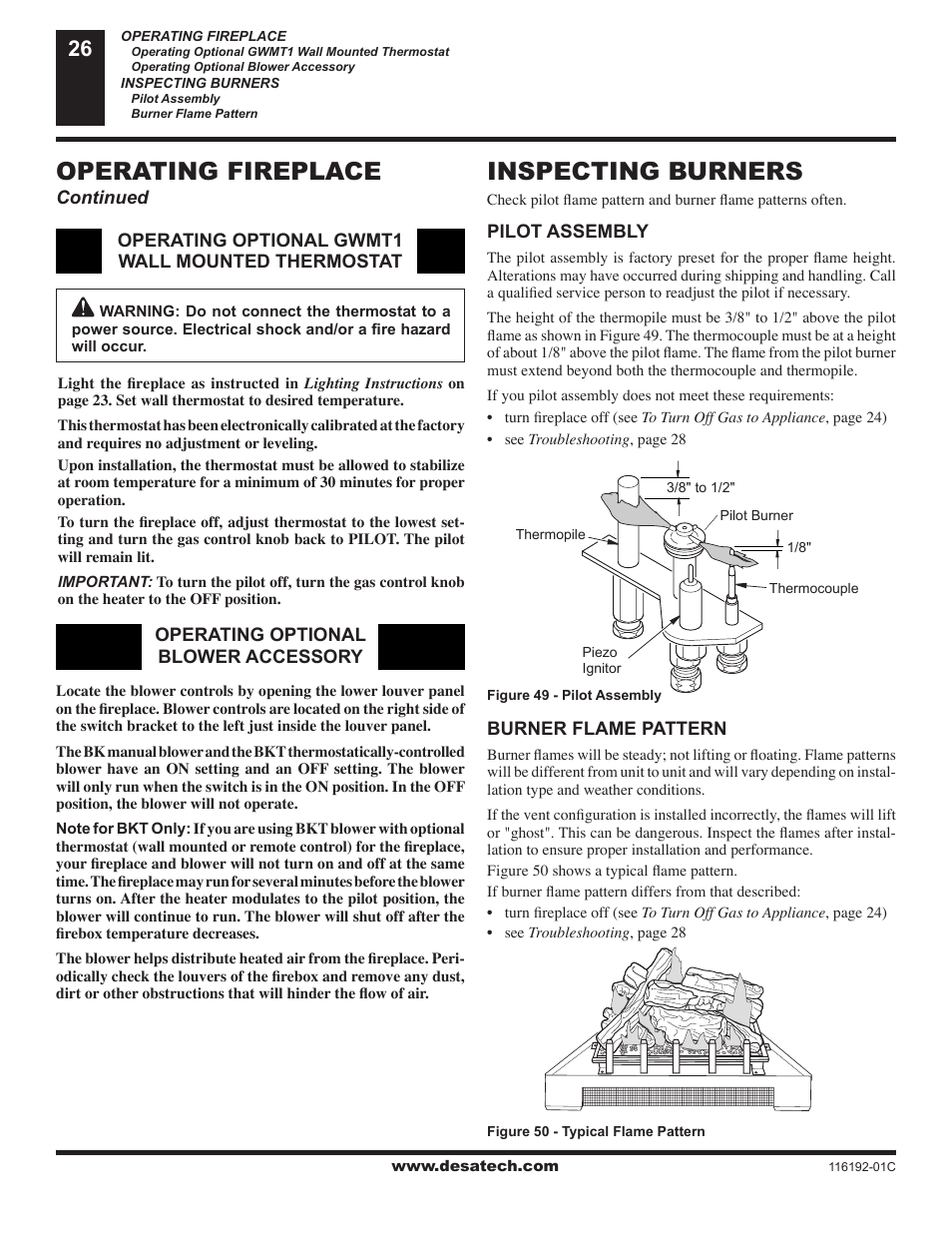 Inspecting burners, Operating fireplace | Desa (V)TC36N User Manual | Page 26 / 40
