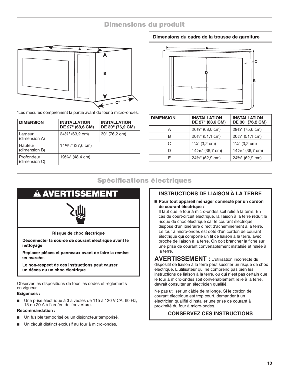 Dimensions du produit spécifications électriques, Dimensions du produit, Spécifications électriques | Avertissement | JennAir Stainless Steel Series 25 Inch Countertop Convection Microwave Oven Flush Installation Sheet User Manual | Page 13 / 20