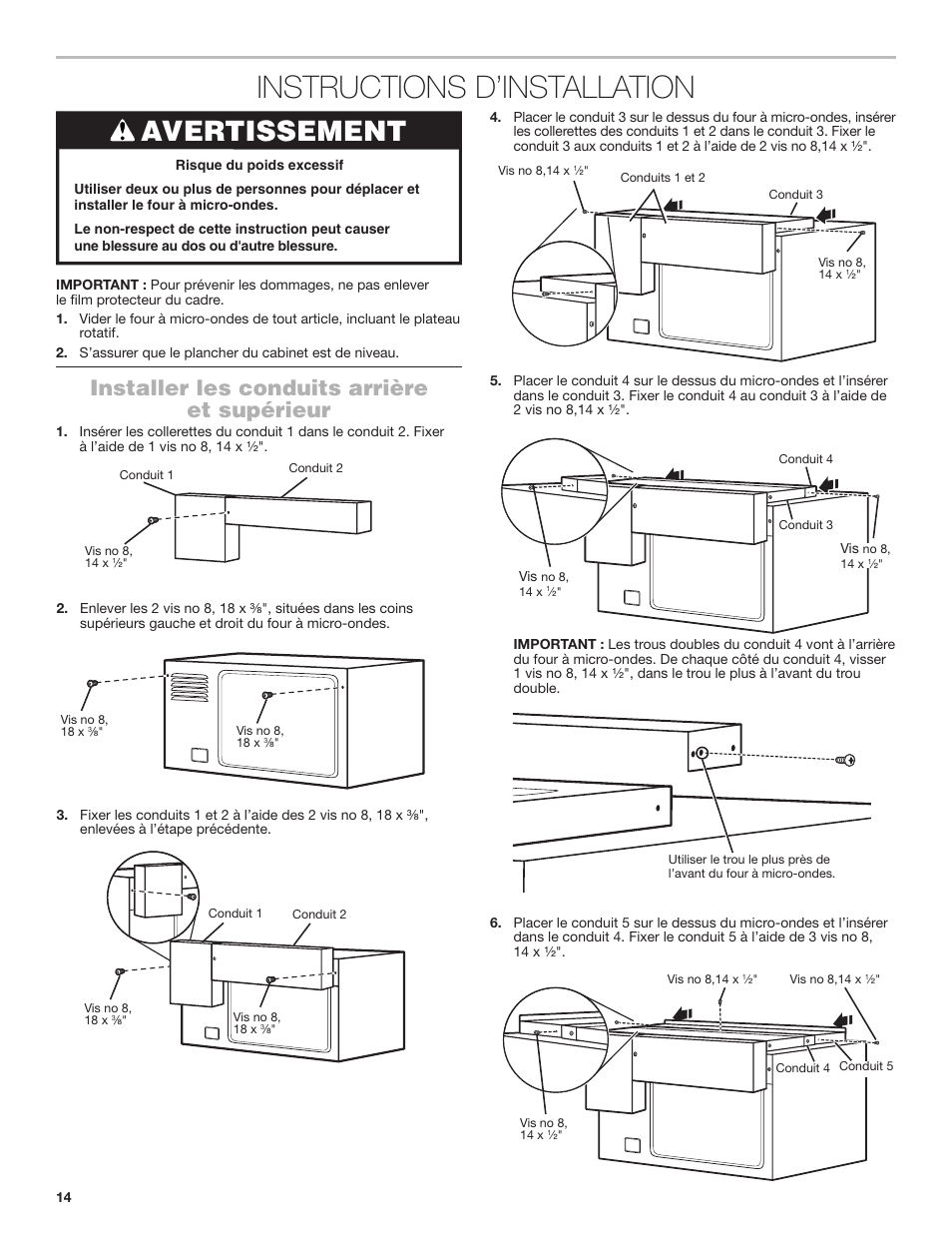 Instructions d’installation, Installer les conduits arrière et supérieur, Avertissement | JennAir Stainless Steel Series 25 Inch Countertop Convection Microwave Oven Flush Installation Sheet User Manual | Page 14 / 20