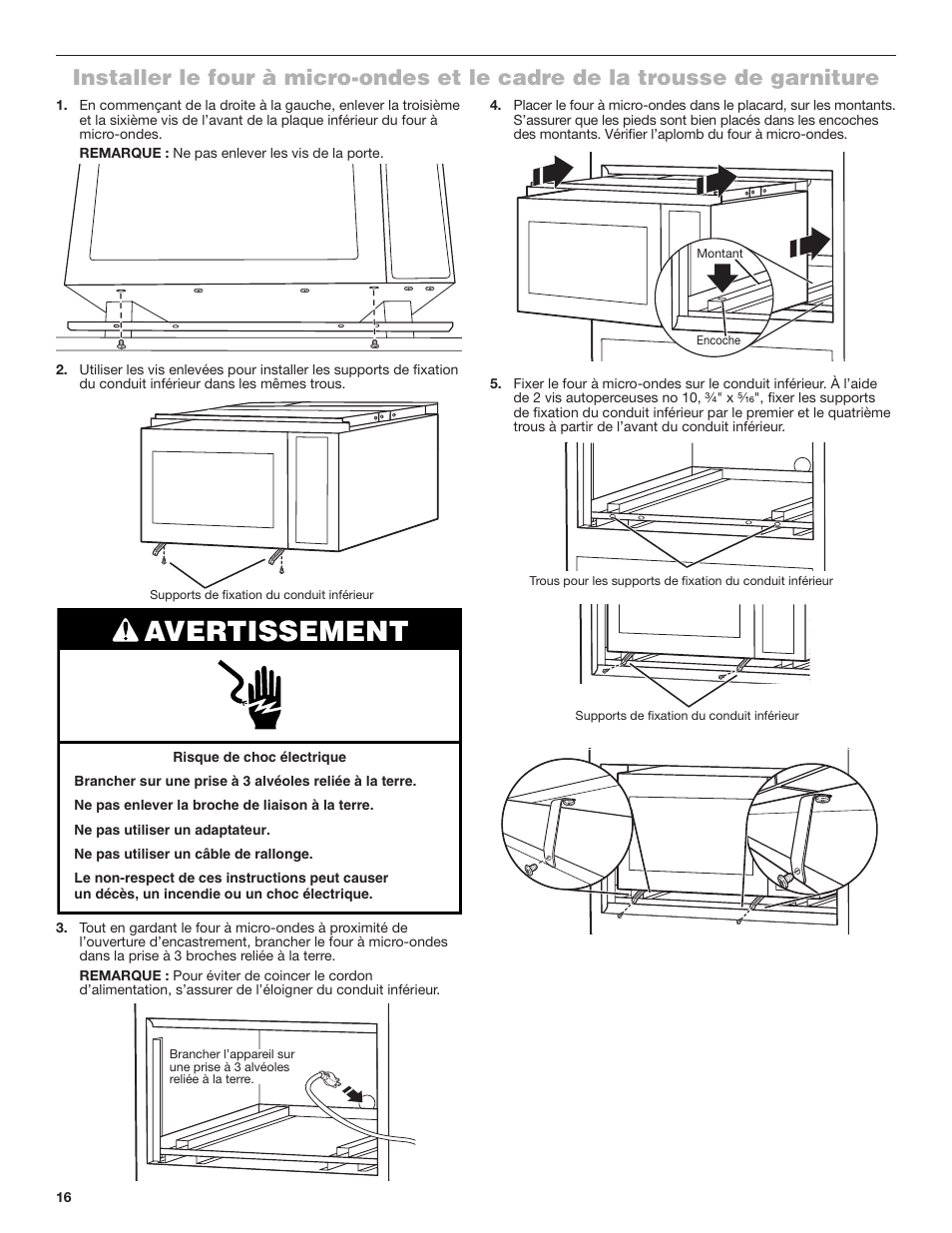 Installer le four à micro-ondes et le cadre, De la trousse de garniture, Avertissement | JennAir Stainless Steel Series 25 Inch Countertop Convection Microwave Oven Flush Installation Sheet User Manual | Page 16 / 20