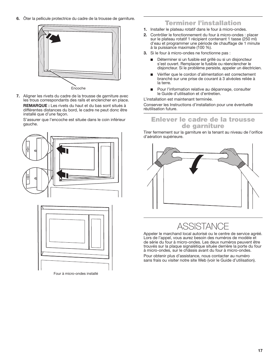 Assistance, Terminer l’installation, Enlever le cadre de la trousse de garniture | JennAir Stainless Steel Series 25 Inch Countertop Convection Microwave Oven Flush Installation Sheet User Manual | Page 17 / 20