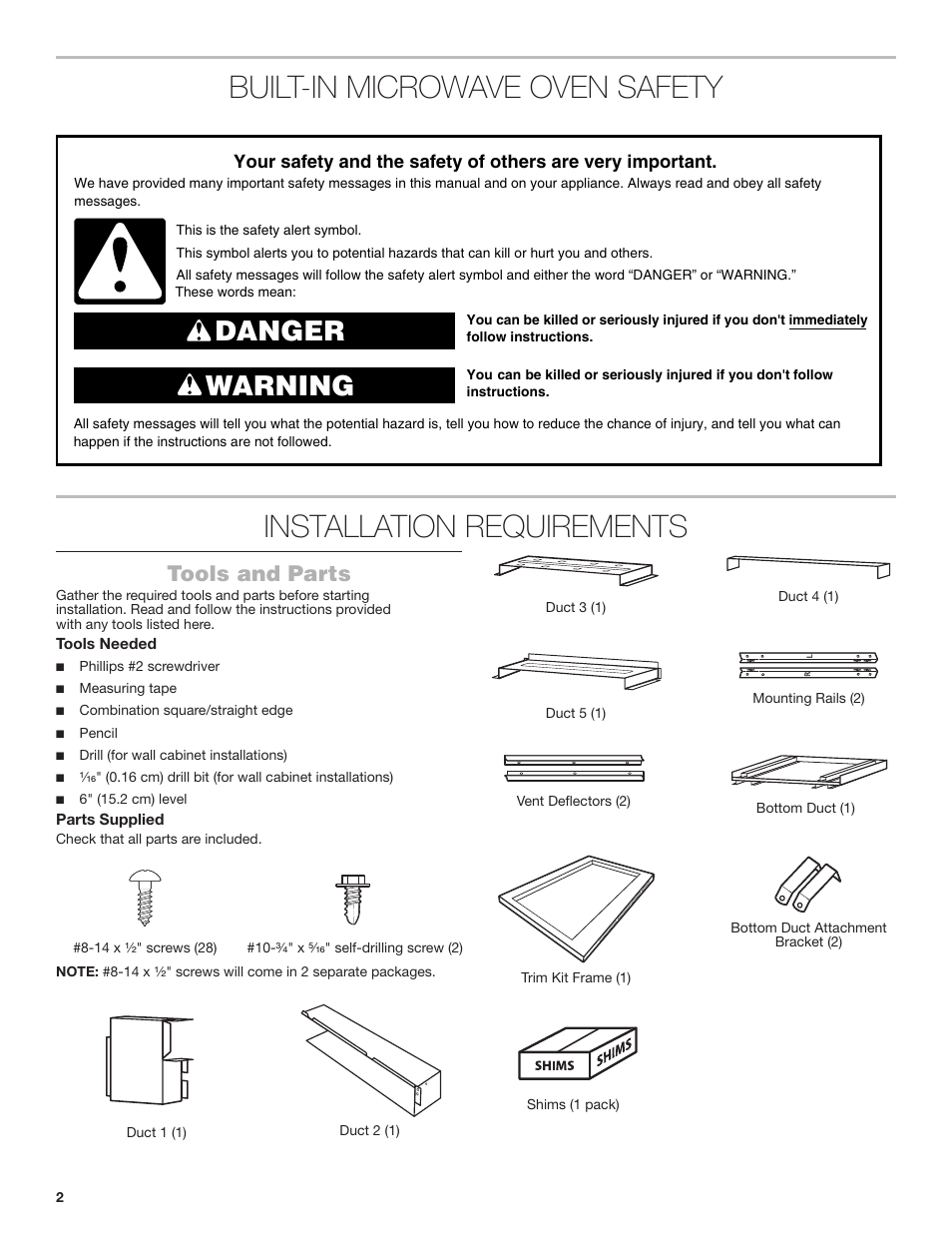 Tools and parts, Built-in microwave oven safety, Installation requirements | Danger warning | JennAir Stainless Steel Series 25 Inch Countertop Convection Microwave Oven Flush Installation Sheet User Manual | Page 2 / 20