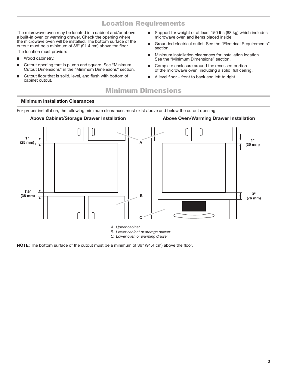 Location requirements minimum dimensions, Minimum dimensions, Location requirements | JennAir Stainless Steel Series 25 Inch Countertop Convection Microwave Oven Flush Installation Sheet User Manual | Page 3 / 20