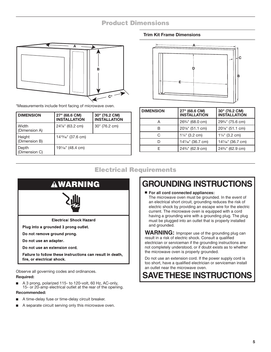 Product dimensions electrical requirements, Grounding instructions save these instructions, Product dimensions | Electrical requirements, Warning | JennAir Stainless Steel Series 25 Inch Countertop Convection Microwave Oven Flush Installation Sheet User Manual | Page 5 / 20