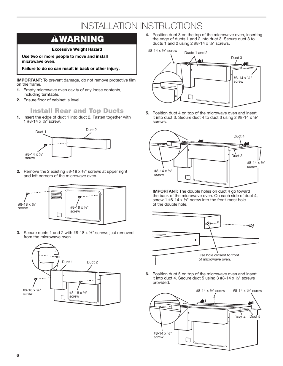 Installation instructions, Install rear and top ducts, Warning | JennAir Stainless Steel Series 25 Inch Countertop Convection Microwave Oven Flush Installation Sheet User Manual | Page 6 / 20