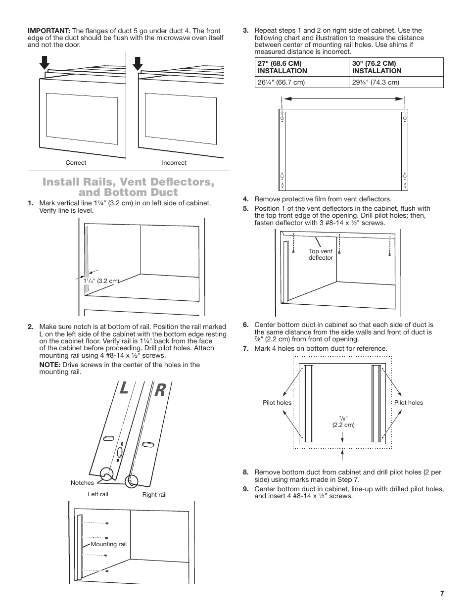 Install rails, vent deflectors, and bottom duct | JennAir Stainless Steel Series 25 Inch Countertop Convection Microwave Oven Flush Installation Sheet User Manual | Page 7 / 20