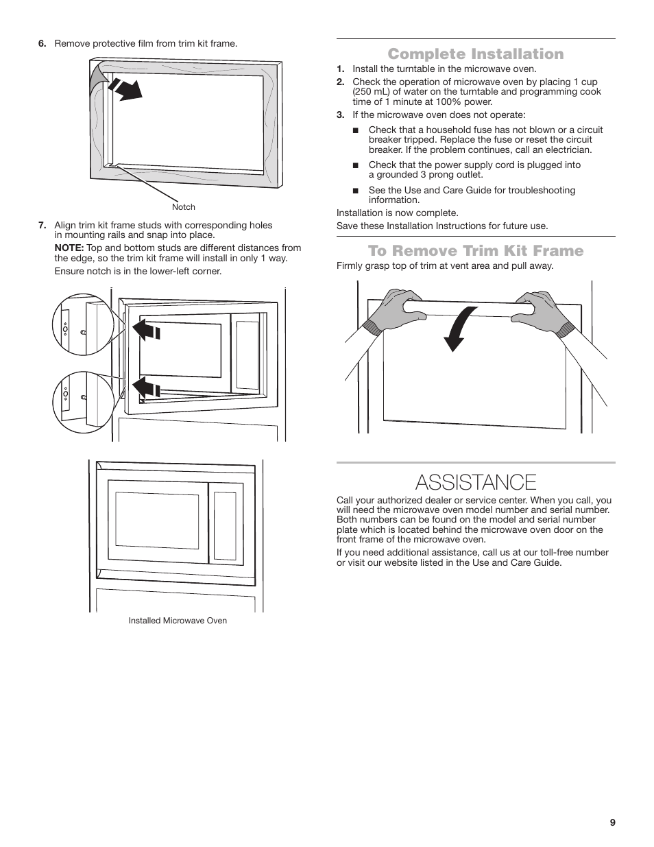 Complete installation to remove trim kit frame, Assistance, Complete installation | JennAir Stainless Steel Series 25 Inch Countertop Convection Microwave Oven Flush Installation Sheet User Manual | Page 9 / 20