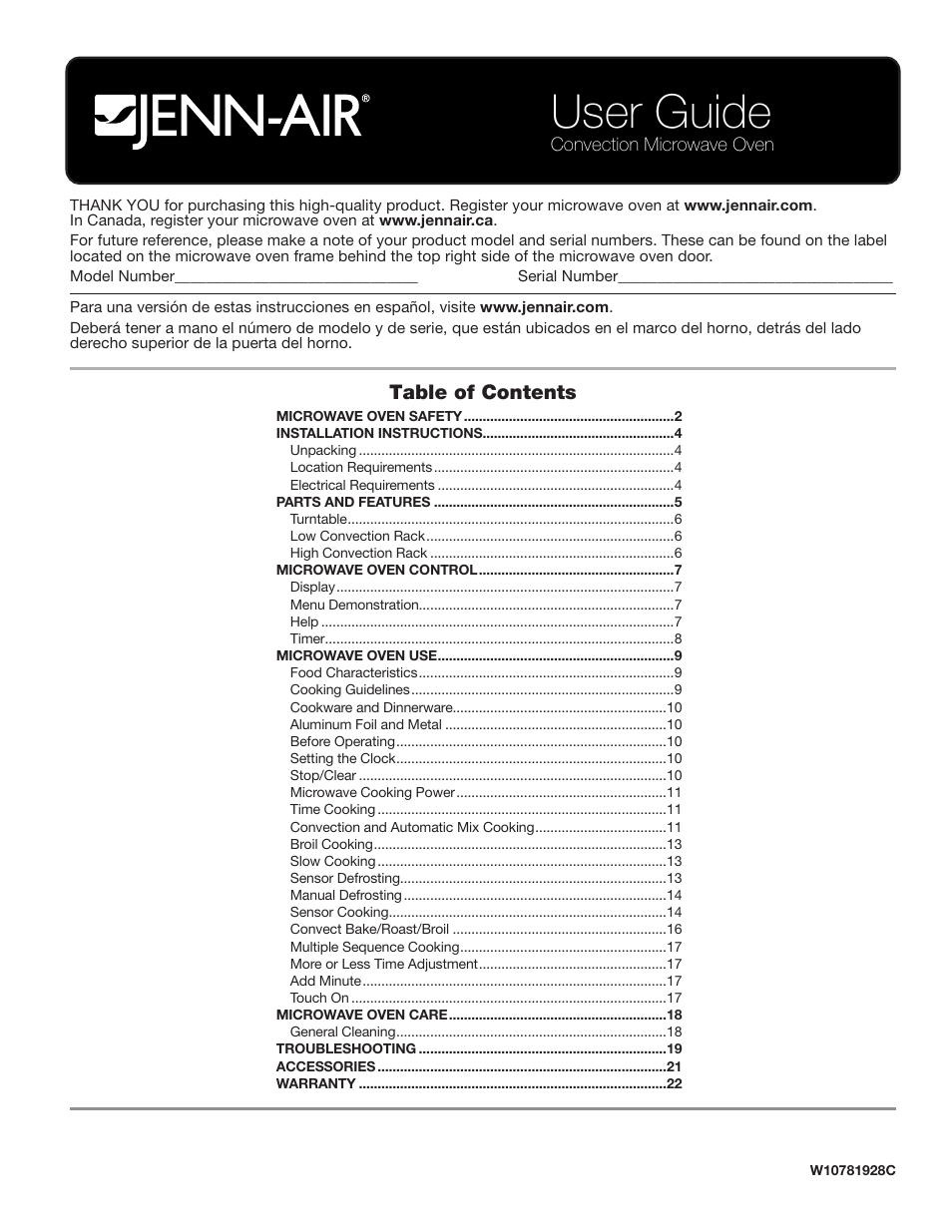 JennAir Stainless Steel Series 25 Inch Countertop Convection Microwave Oven Use and Care Guide User Manual | 48 pages