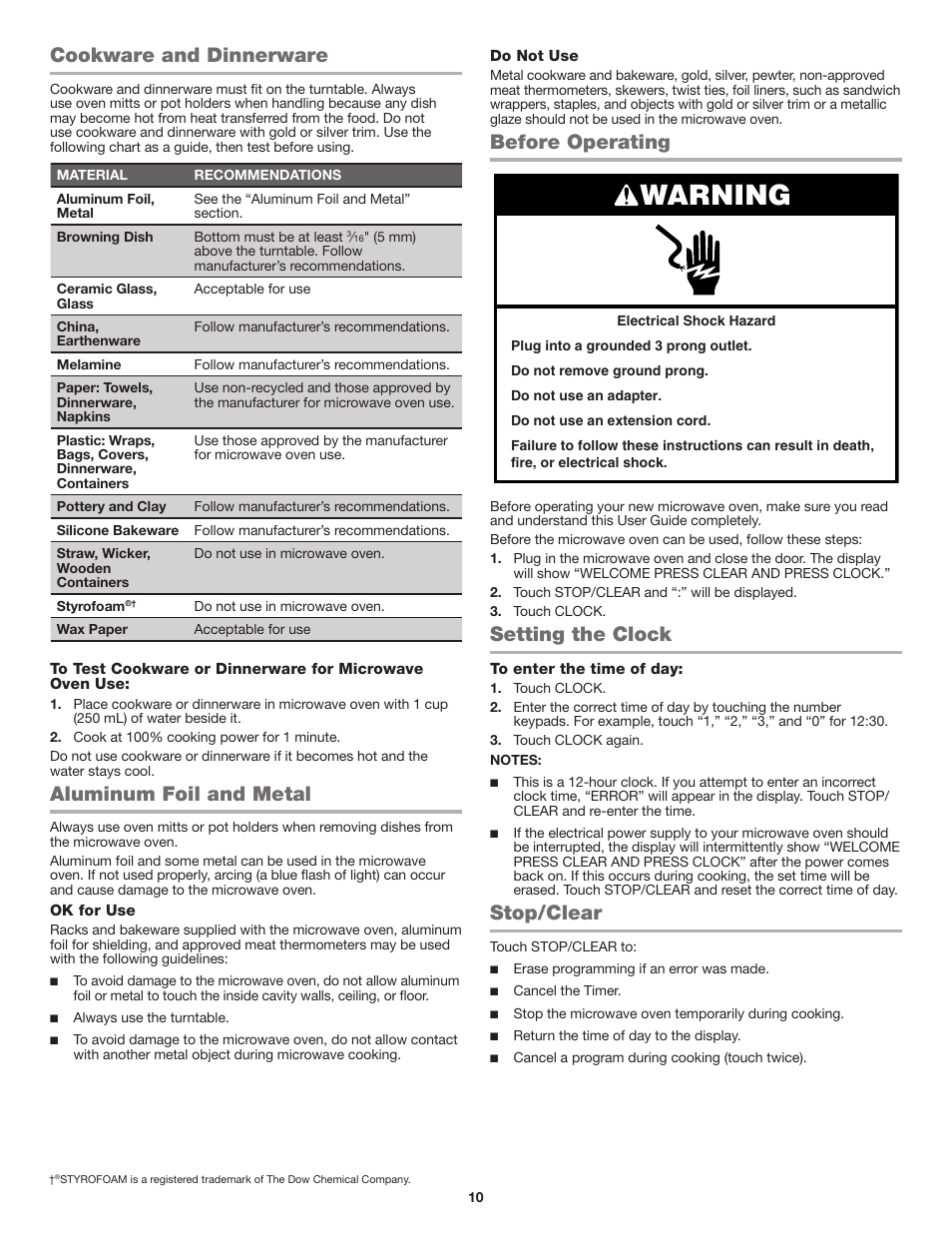 Cookware and dinnerware, Aluminum foil and metal, Before operating | Setting the clock, Stop/clear, Warning | JennAir Stainless Steel Series 25 Inch Countertop Convection Microwave Oven Use and Care Guide User Manual | Page 10 / 48