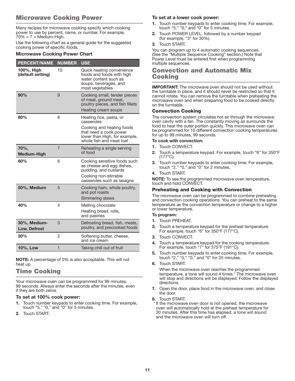 Microwave cooking power, Time cooking, Convection and automatic mix cooking | JennAir Stainless Steel Series 25 Inch Countertop Convection Microwave Oven Use and Care Guide User Manual | Page 11 / 48