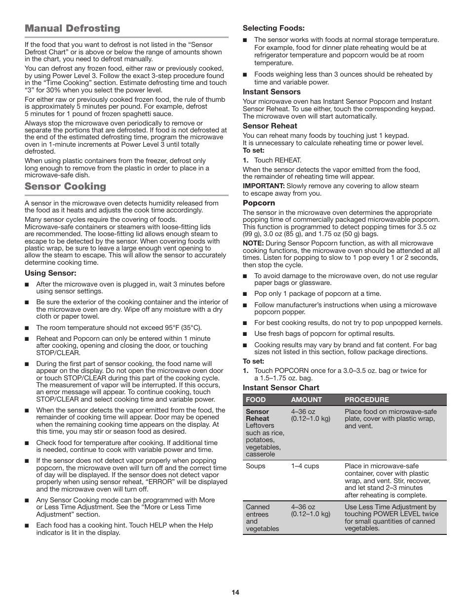 Manual defrosting, Sensor cooking, Manual defrosting sensor cooking | JennAir Stainless Steel Series 25 Inch Countertop Convection Microwave Oven Use and Care Guide User Manual | Page 14 / 48