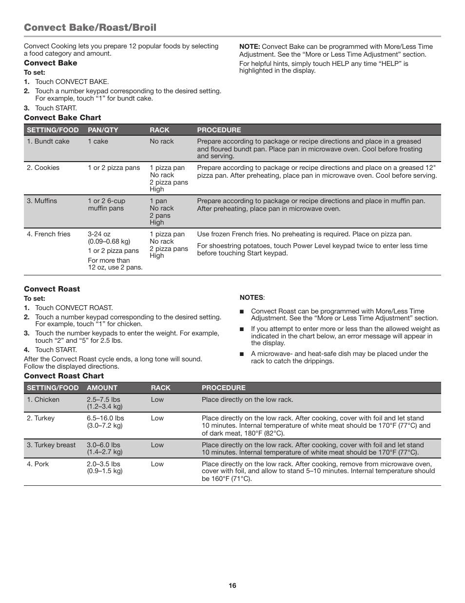 Convect bake/roast/broil | JennAir Stainless Steel Series 25 Inch Countertop Convection Microwave Oven Use and Care Guide User Manual | Page 16 / 48