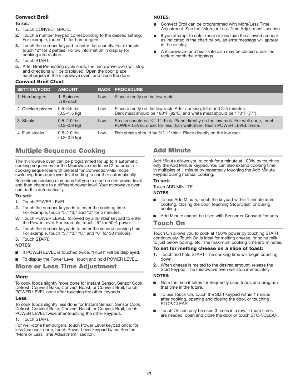 Multiple sequence cooking, More or less time adjustment, Add minute | Touch on | JennAir Stainless Steel Series 25 Inch Countertop Convection Microwave Oven Use and Care Guide User Manual | Page 17 / 48