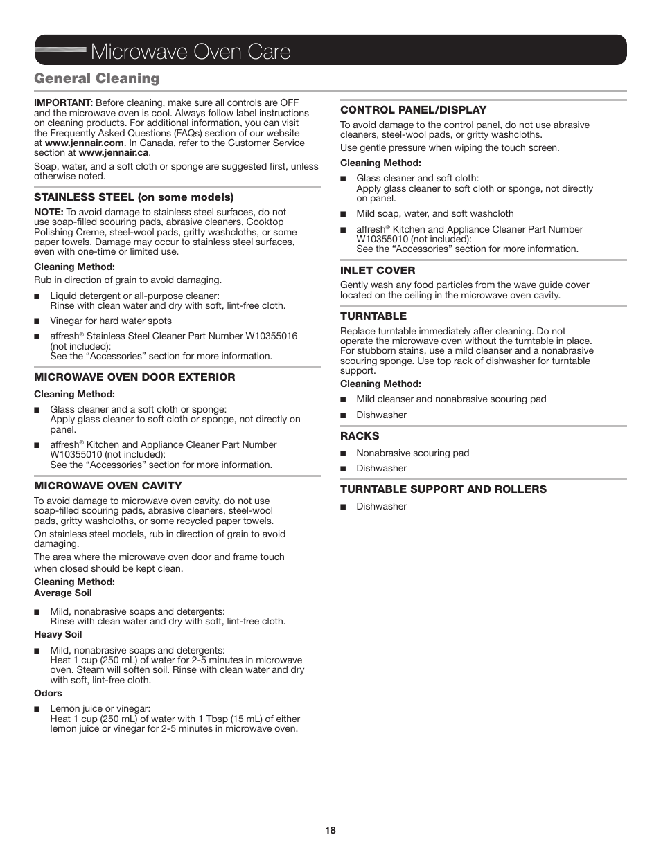 Microwave oven care, General cleaning | JennAir Stainless Steel Series 25 Inch Countertop Convection Microwave Oven Use and Care Guide User Manual | Page 18 / 48