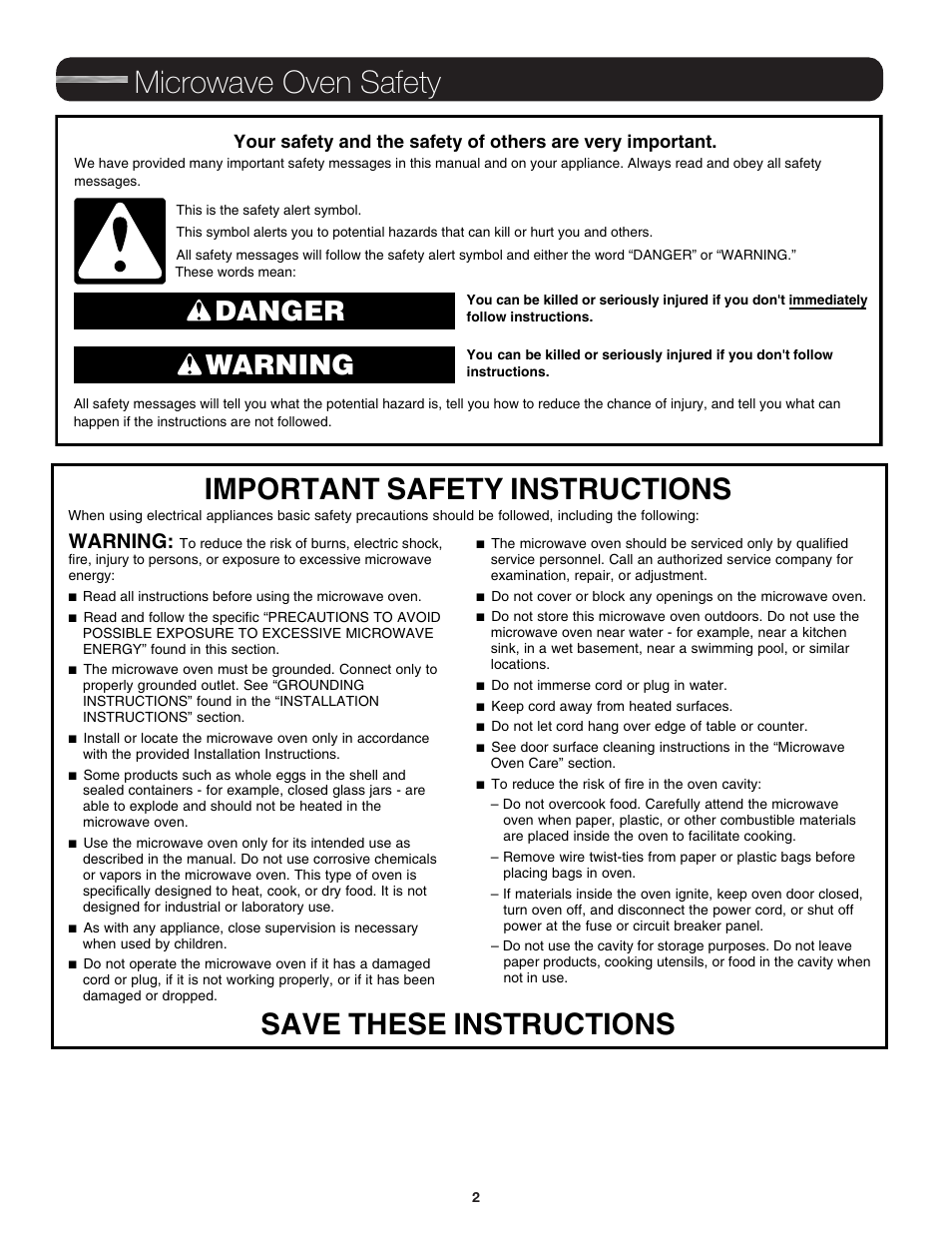 Microwave oven safety, Danger warning, Warning | JennAir Stainless Steel Series 25 Inch Countertop Convection Microwave Oven Use and Care Guide User Manual | Page 2 / 48