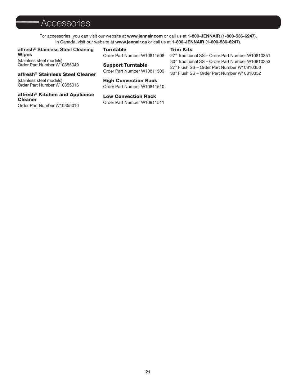 Accessories | JennAir Stainless Steel Series 25 Inch Countertop Convection Microwave Oven Use and Care Guide User Manual | Page 21 / 48