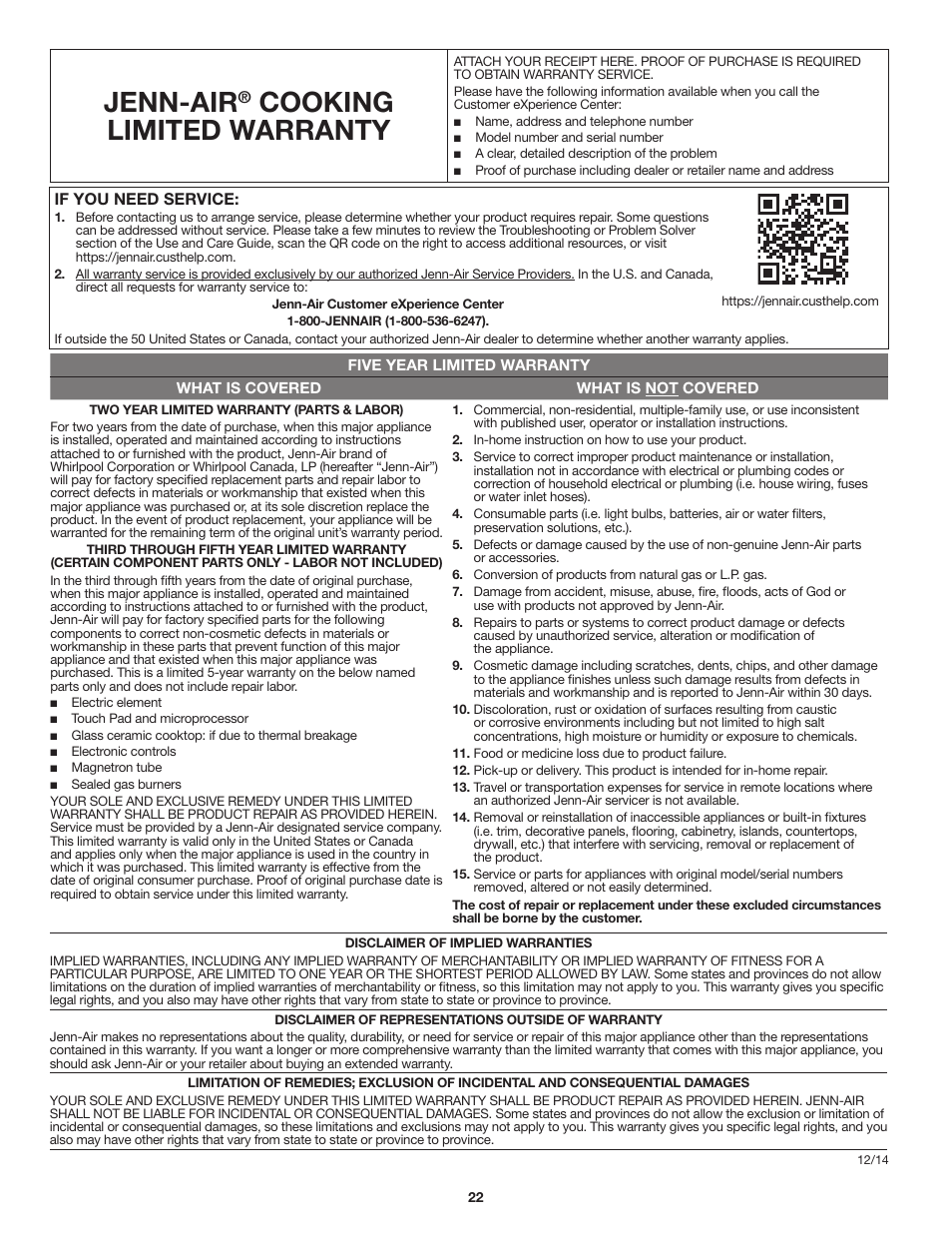Jenn-air® major appliance limited warranty, Warranty, Jenn-air | Cooking limited warranty | JennAir Stainless Steel Series 25 Inch Countertop Convection Microwave Oven Use and Care Guide User Manual | Page 22 / 48