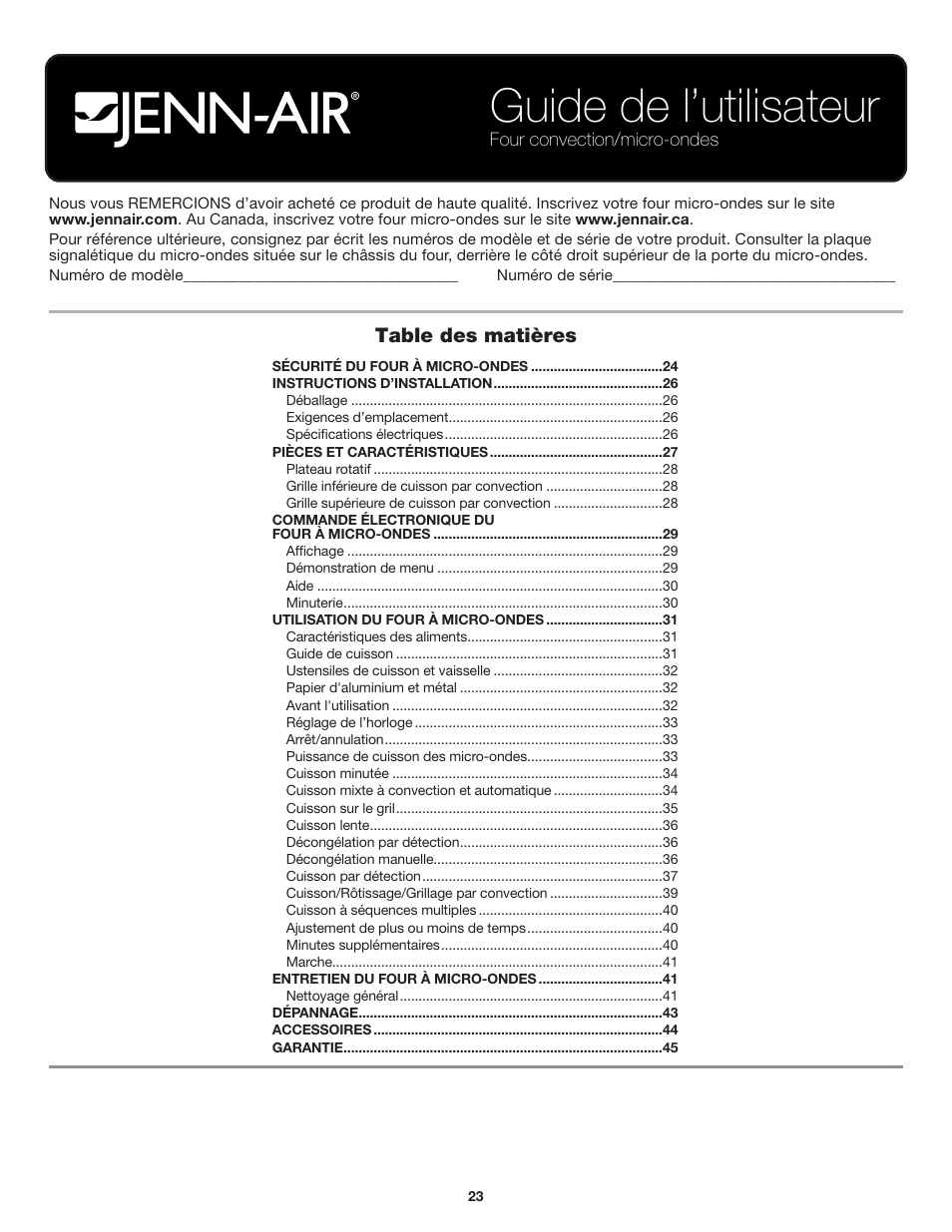 Guide de l’utilisateur | JennAir Stainless Steel Series 25 Inch Countertop Convection Microwave Oven Use and Care Guide User Manual | Page 23 / 48