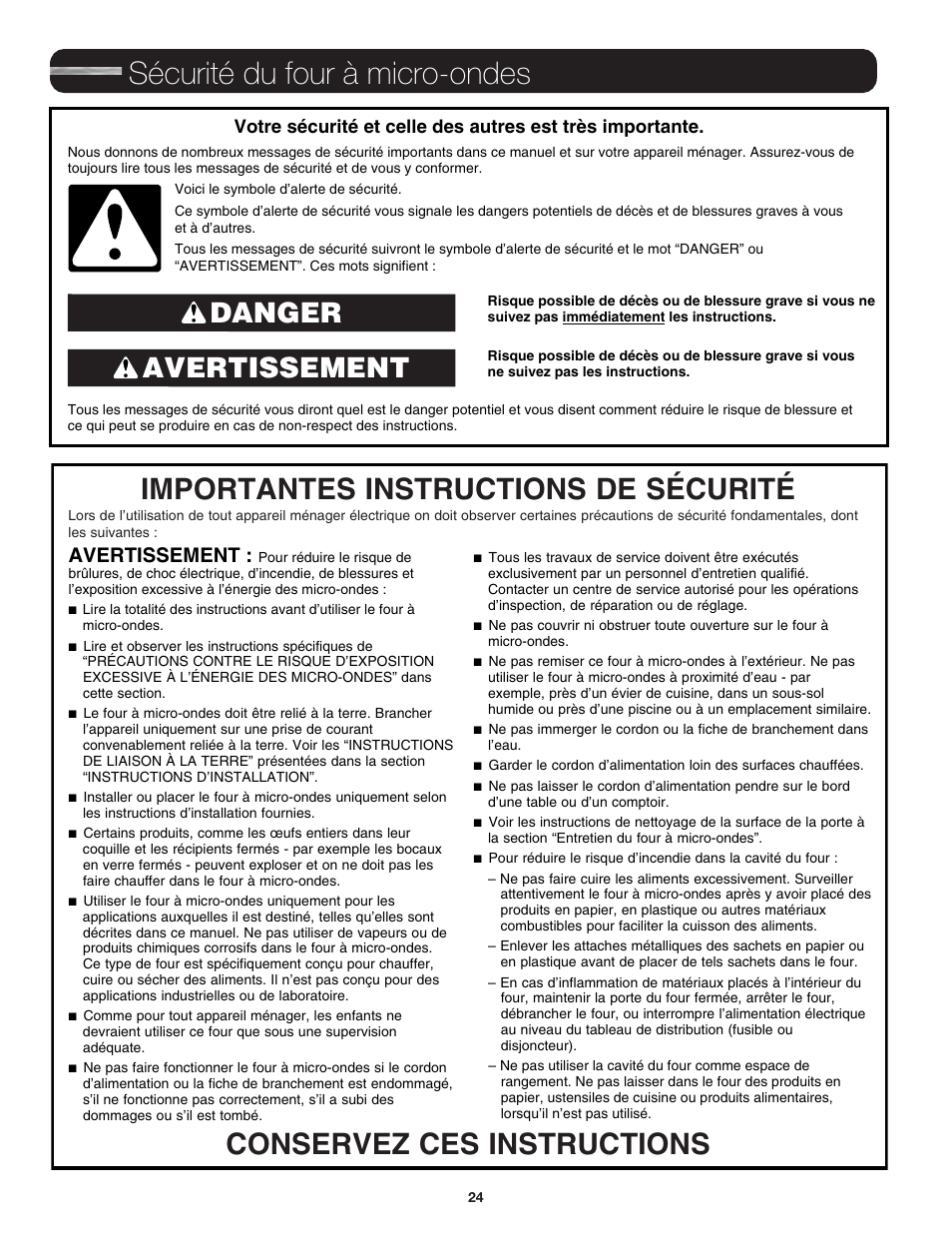 Sécurité du four à micro-ondes, Avertissement danger, Avertissement | JennAir Stainless Steel Series 25 Inch Countertop Convection Microwave Oven Use and Care Guide User Manual | Page 24 / 48