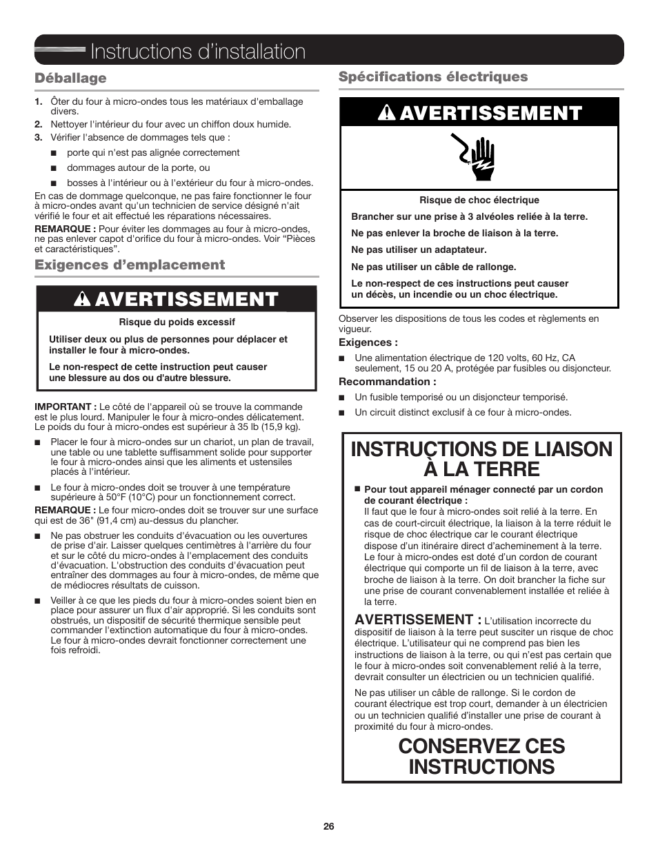 Déballage, Exigences d’emplacement, Spécifications électriques | Instructions d’installation, Avertissement | JennAir Stainless Steel Series 25 Inch Countertop Convection Microwave Oven Use and Care Guide User Manual | Page 26 / 48