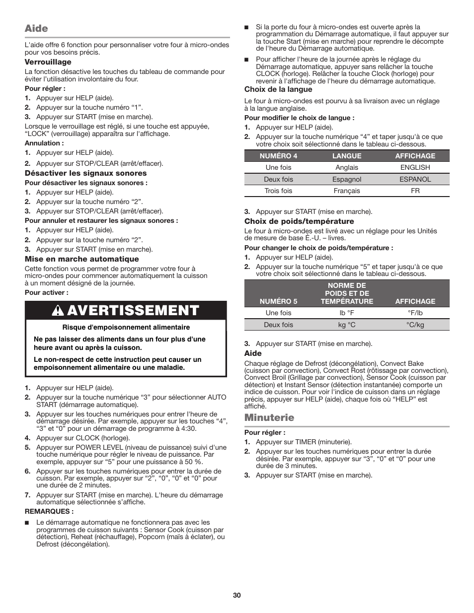 Aide, Minuterie, Aide minuterie | Avertissement | JennAir Stainless Steel Series 25 Inch Countertop Convection Microwave Oven Use and Care Guide User Manual | Page 30 / 48