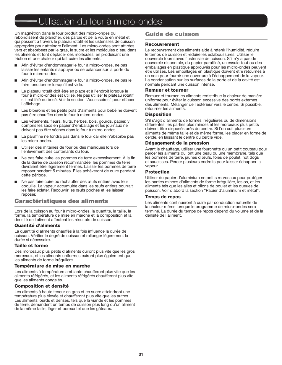 Utilisation du four à micro-ondes, Guide de cuisson, Caractéristiques des aliments guide de cuisson | Caractéristiques des aliments | JennAir Stainless Steel Series 25 Inch Countertop Convection Microwave Oven Use and Care Guide User Manual | Page 31 / 48