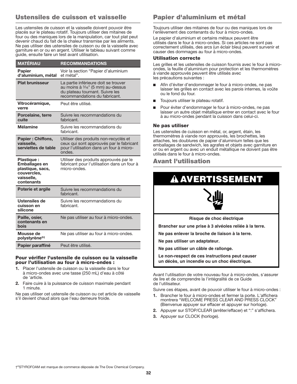 Ustensiles de cuisson et vaisselle, Papier d'aluminium et métal, Avant l'utilisation | Avertissement | JennAir Stainless Steel Series 25 Inch Countertop Convection Microwave Oven Use and Care Guide User Manual | Page 32 / 48