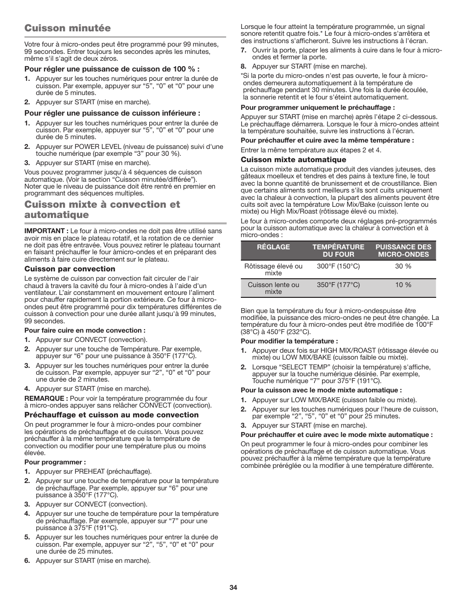 Cuisson minutée, Cuisson mixte à convection et automatique | JennAir Stainless Steel Series 25 Inch Countertop Convection Microwave Oven Use and Care Guide User Manual | Page 34 / 48
