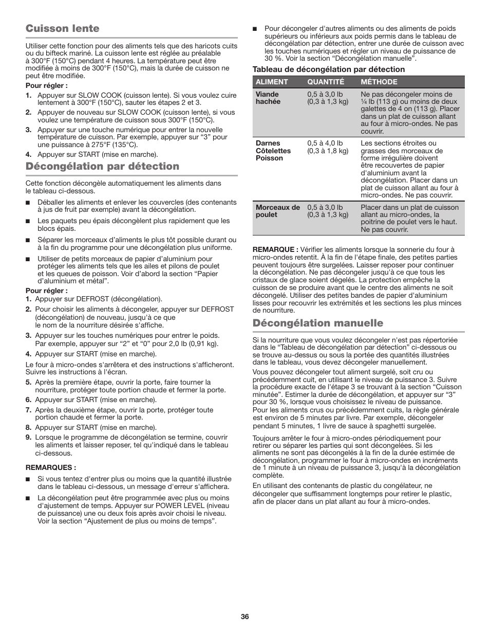 Cuisson lente, Décongélation par détection, Décongélation manuelle | JennAir Stainless Steel Series 25 Inch Countertop Convection Microwave Oven Use and Care Guide User Manual | Page 36 / 48