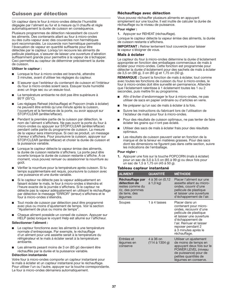 Cuisson par détection | JennAir Stainless Steel Series 25 Inch Countertop Convection Microwave Oven Use and Care Guide User Manual | Page 37 / 48