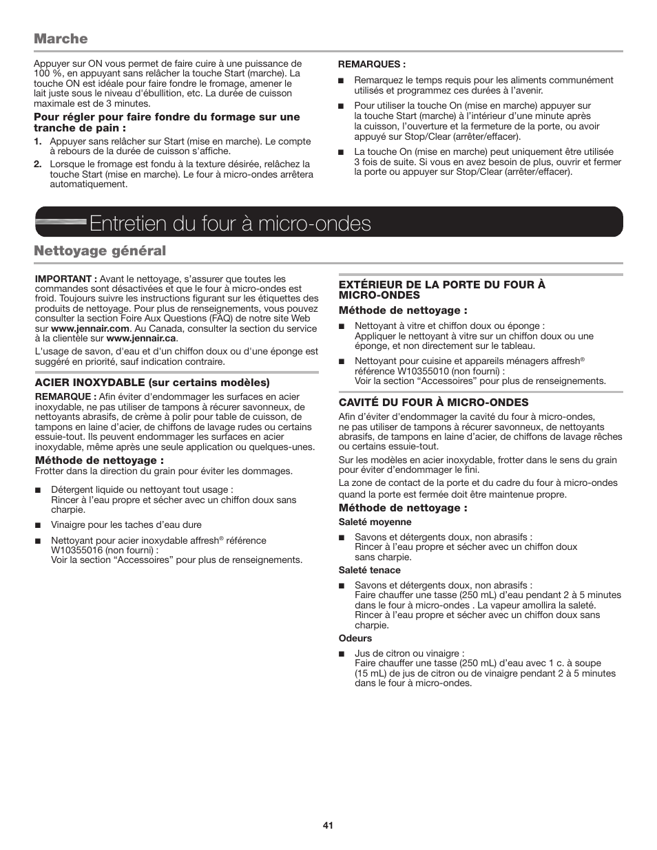 Marche, Entretien du four à micro-ondes, Nettoyage général | JennAir Stainless Steel Series 25 Inch Countertop Convection Microwave Oven Use and Care Guide User Manual | Page 41 / 48