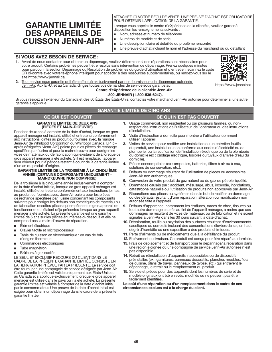 Garantie, Garantie limitée des appareils de cuisson jenn-air | JennAir Stainless Steel Series 25 Inch Countertop Convection Microwave Oven Use and Care Guide User Manual | Page 45 / 48