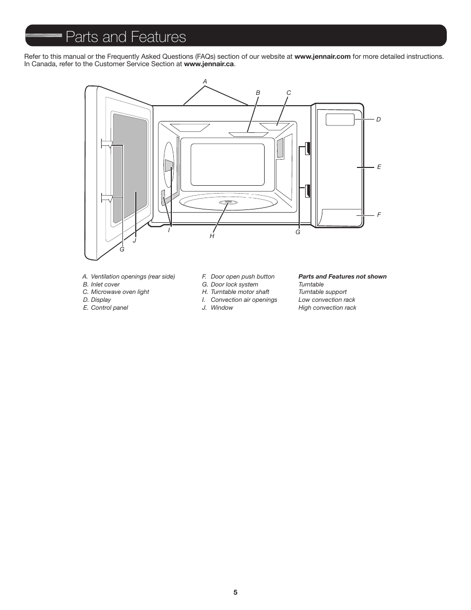 Parts and features | JennAir Stainless Steel Series 25 Inch Countertop Convection Microwave Oven Use and Care Guide User Manual | Page 5 / 48