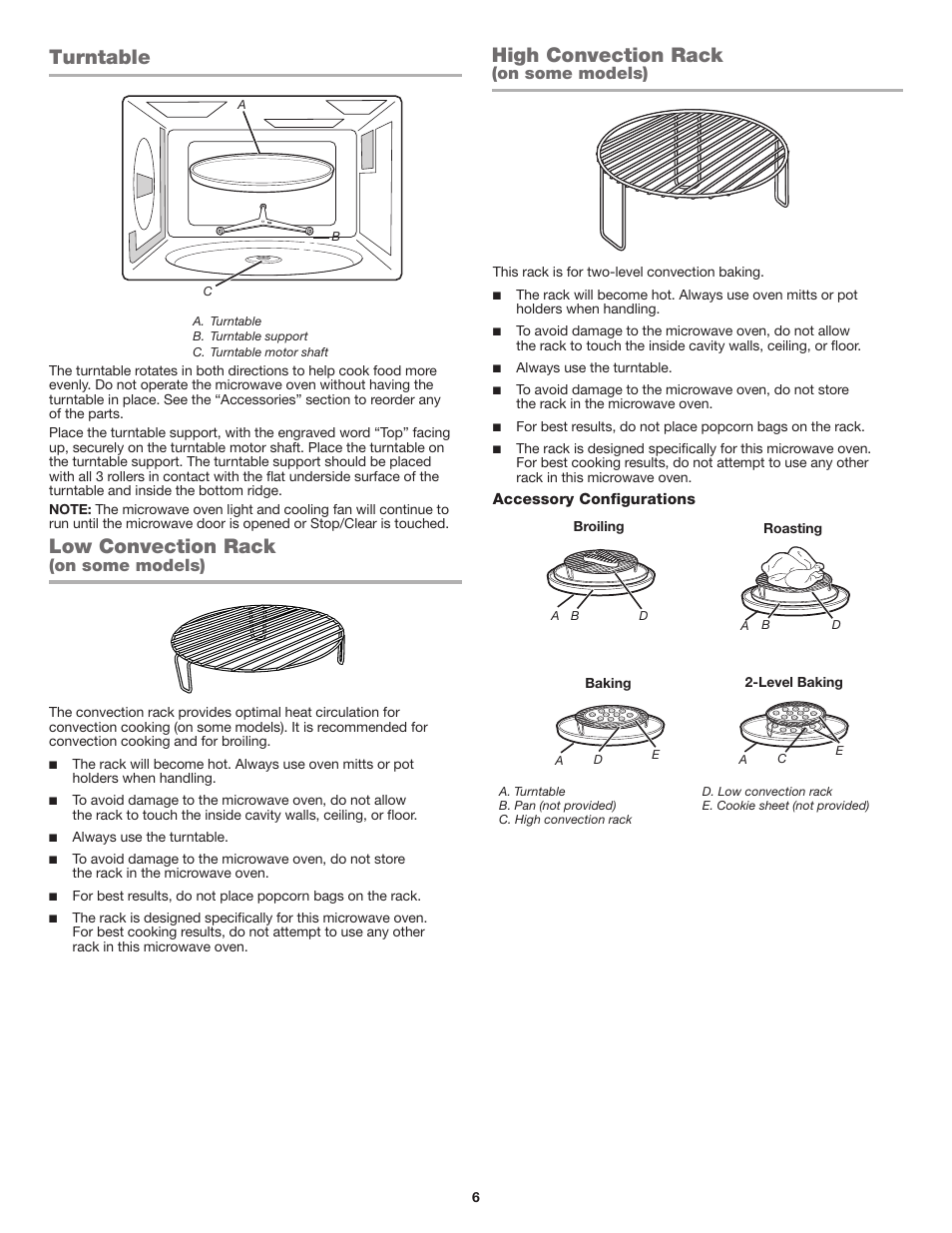 Turntable, Low convection rack(on some models), High convection rack(on some models) | Turntable low convection rack high convection rack, High convection rack, Low convection rack, On some models) | JennAir Stainless Steel Series 25 Inch Countertop Convection Microwave Oven Use and Care Guide User Manual | Page 6 / 48