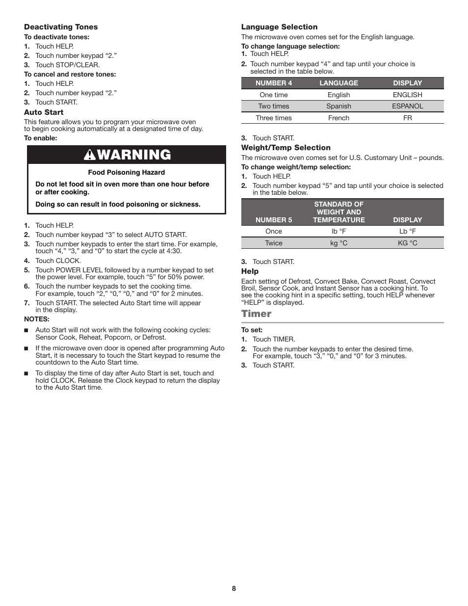 Timer, Warning | JennAir Stainless Steel Series 25 Inch Countertop Convection Microwave Oven Use and Care Guide User Manual | Page 8 / 48