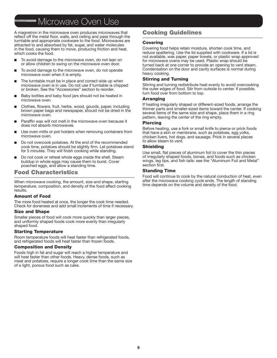 Microwave oven use, Cooking guidelines, Food characteristics cooking guidelines | Food characteristics | JennAir Stainless Steel Series 25 Inch Countertop Convection Microwave Oven Use and Care Guide User Manual | Page 9 / 48