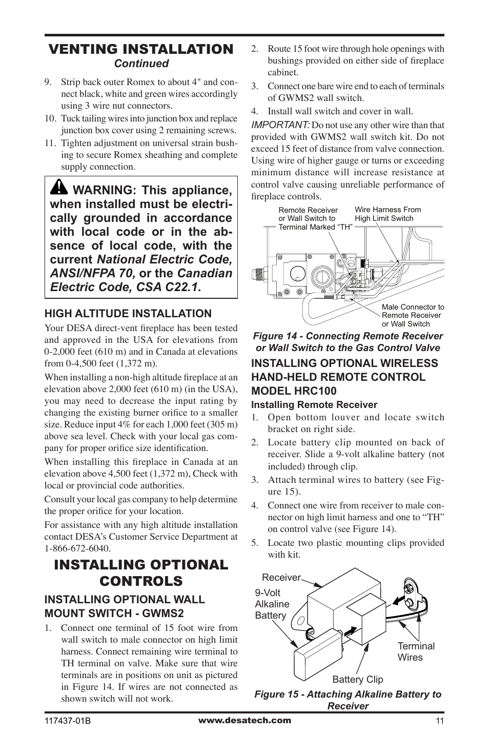 Installing optional controls, Venting installation | Desa (V)CB36N(E) User Manual | Page 11 / 36