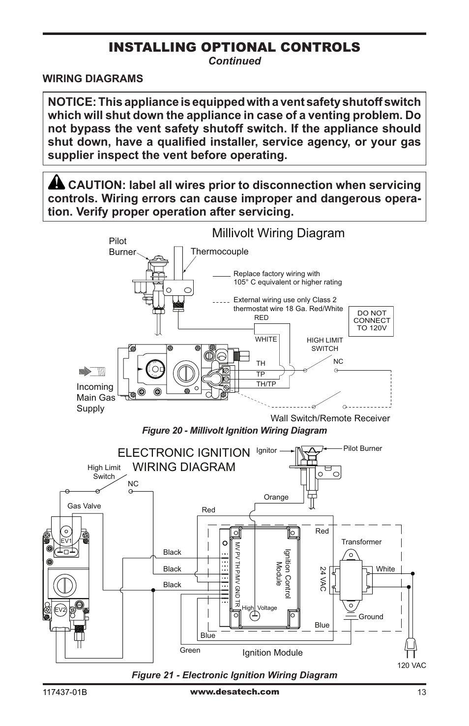 Installing optional controls, Millivolt wiring diagram, Electronic ignition wiring diagram | Wiring diagrams, Continued | Desa (V)CB36N(E) User Manual | Page 13 / 36