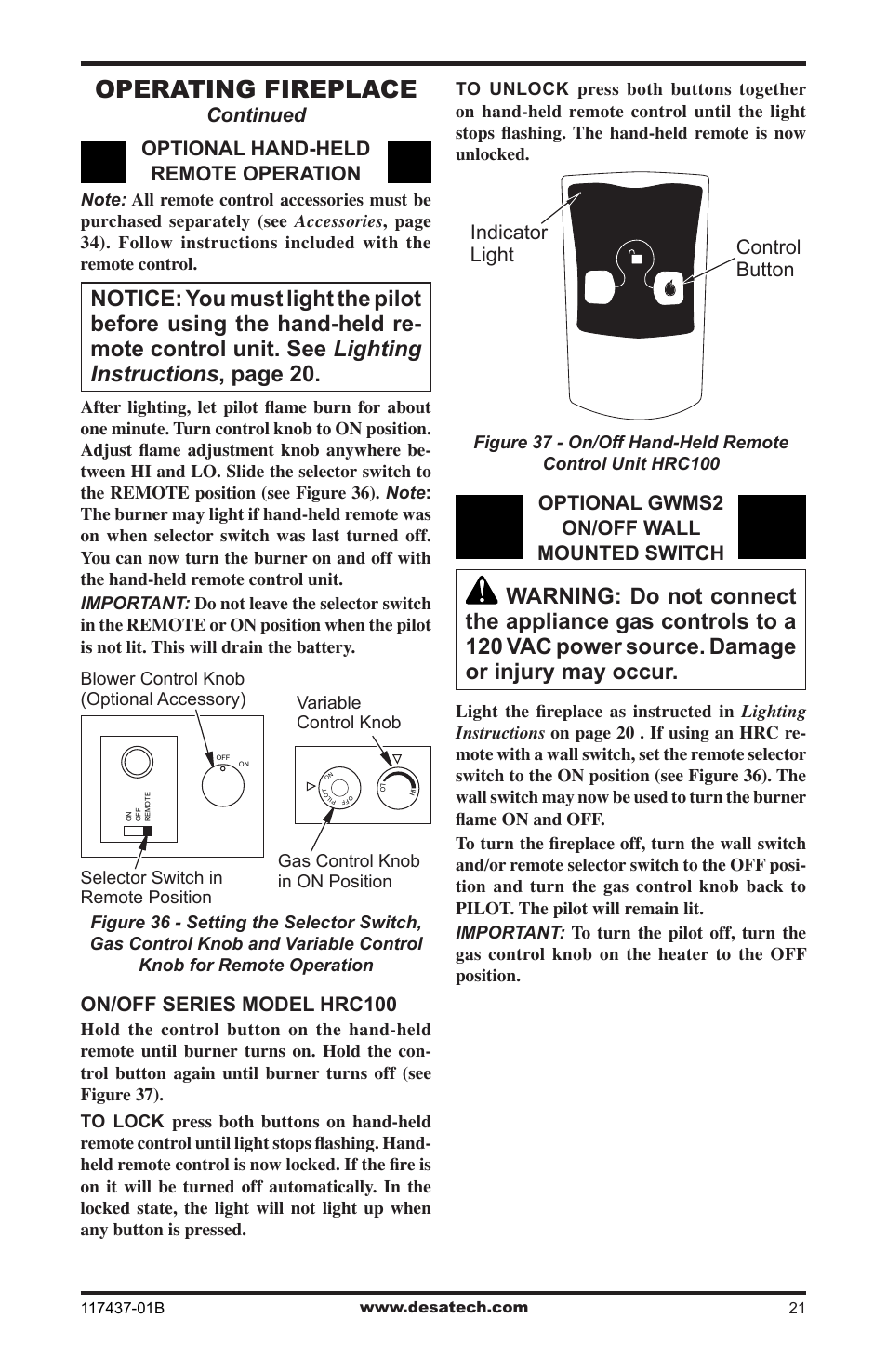 Operating fireplace, Continued, Optional hand-held remote operation | Optional gwms2 on/off wall mounted switch | Desa (V)CB36N(E) User Manual | Page 21 / 36