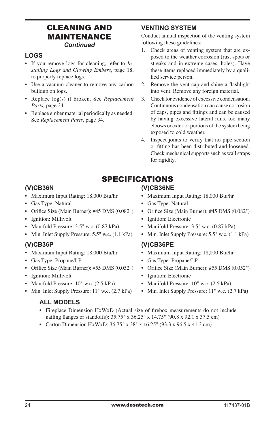 Specifications, Cleaning and maintenance | Desa (V)CB36N(E) User Manual | Page 24 / 36